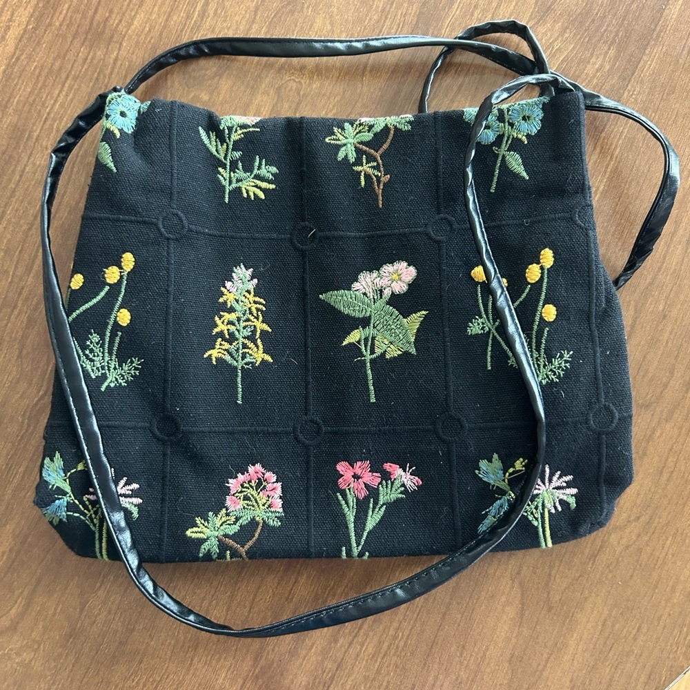 Floral Embroidered Black Mini Tote